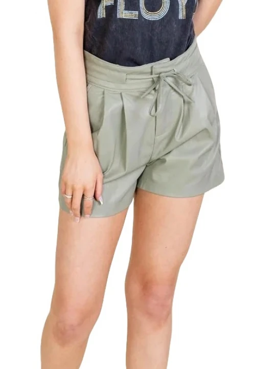 Drawstring Belt Details Grey Leather Shorts