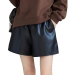 Drawstring Elastic Waist Black Leather Shorts