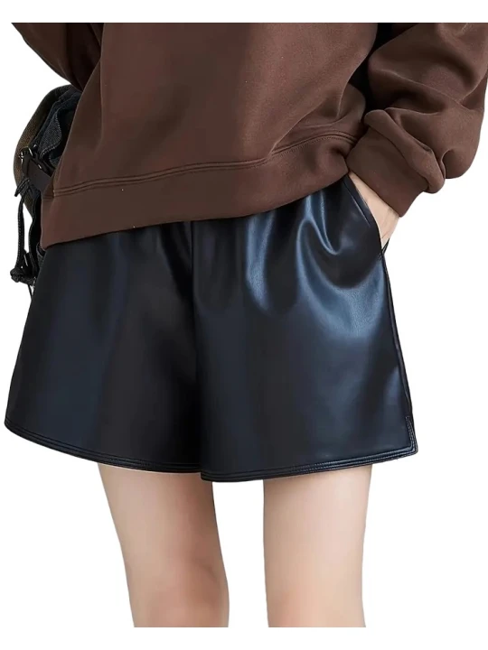 Drawstring Elastic Waist Black Leather Shorts