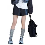 Drawstring Elastic Waist Black Leather Shorts