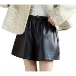 Drawstring Elastic Waist Black Leather Shorts