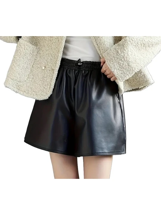 Drawstring Elastic Waist Black Leather Shorts