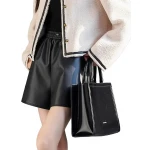 Drawstring Elastic Waist Black Leather Shorts