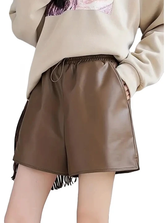 Drawstring Elastic Waist Brown Leather Shorts