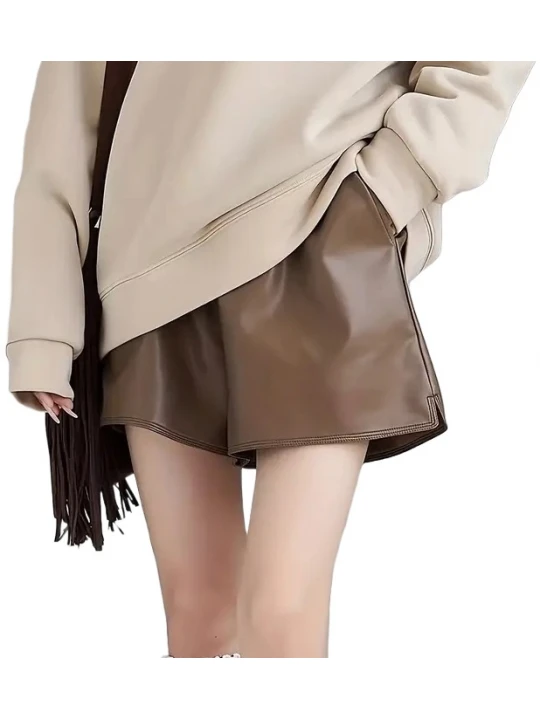 Drawstring Elastic Waist Brown Leather Shorts