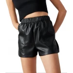Elastic Waist Black Leather Shorts