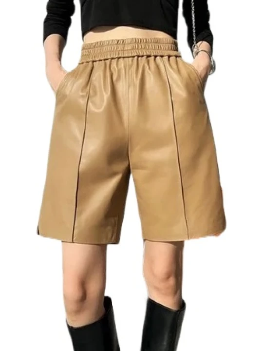 Elastic Waist Brown Leather Bermuda Shorts