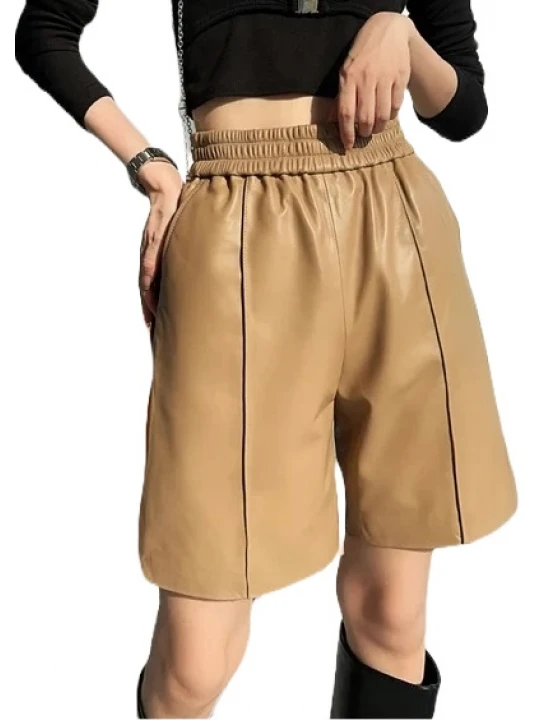 Elastic Waist Brown Leather Bermuda Shorts