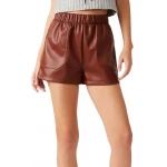 Elastic Waist Brown Leather Shorts