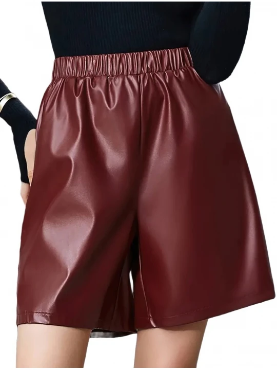 Elastic Waist Burgundy Leather Shorts