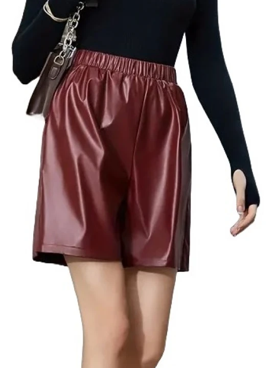 Elastic Waist Burgundy Leather Shorts