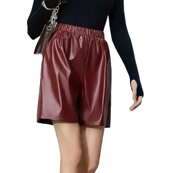 Elastic Waist Burgundy Leather Shorts