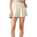 Elastic Waist Off White Leather Shorts