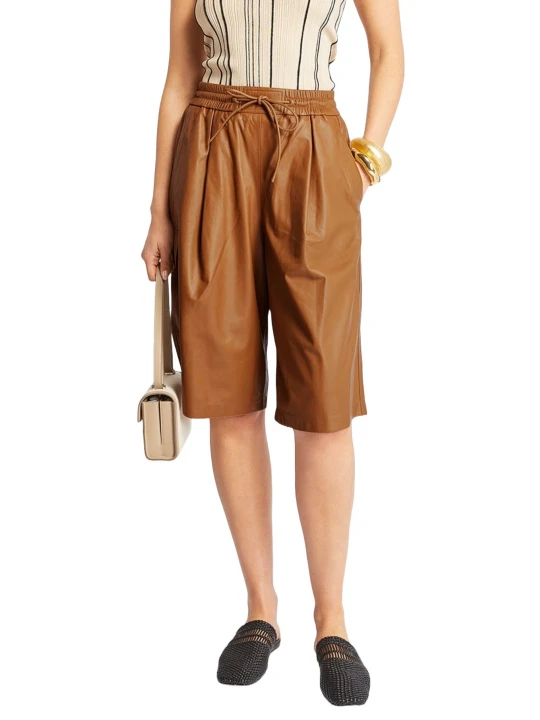 Elasticated Tan Leather Bermuda Shorts