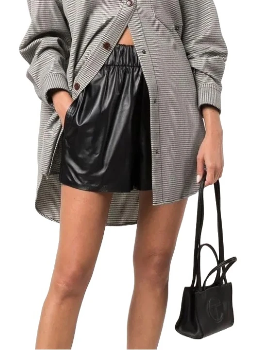Elasticated Waistband Black Leather Shorts