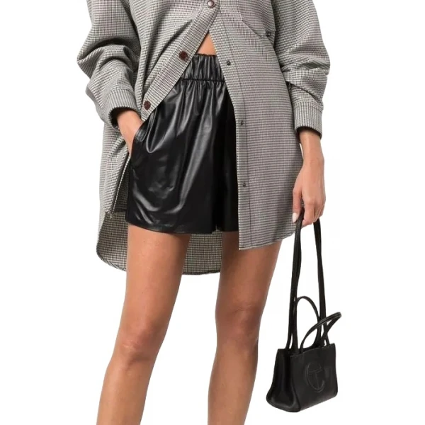 Elasticated Waistband Black Leather Shorts