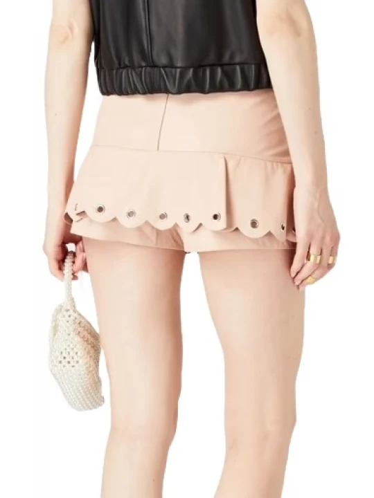 Eyelet Embellished Ruffled Pink Leather Shorts