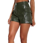 Flap Pockets Green Leather Shorts