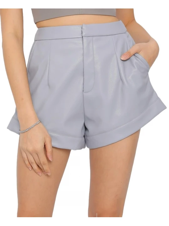 Front Darts Detailing Grey Leather Shorts