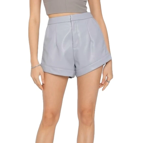 Front Darts Detailing Grey Leather Shorts