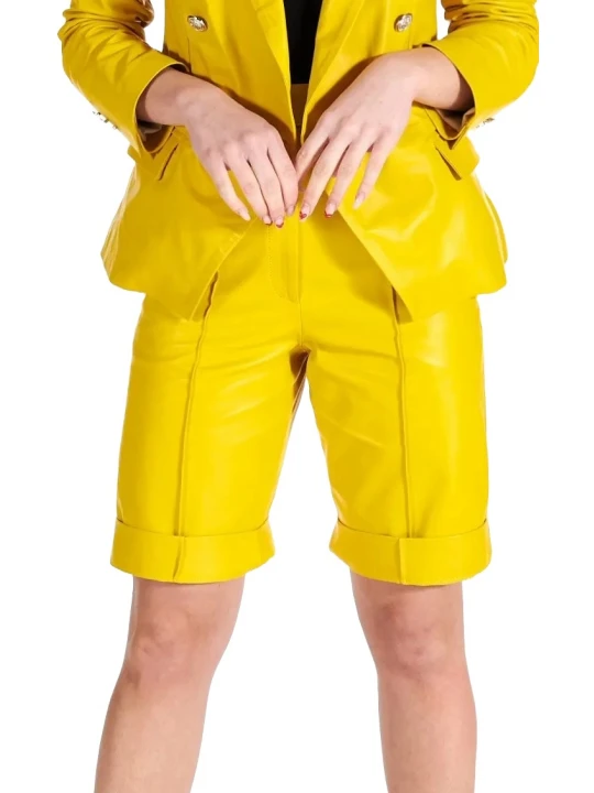 Front Zipper Closure Yellow Leather Shorts