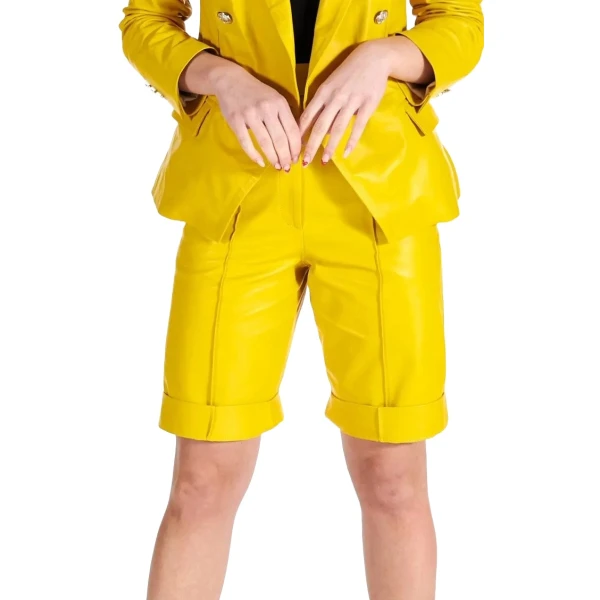 Front Zipper Closure Yellow Leather Shorts