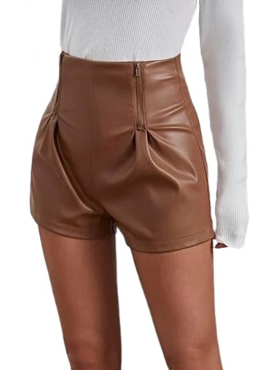Front Zipper Detail Brown Leather Shorts