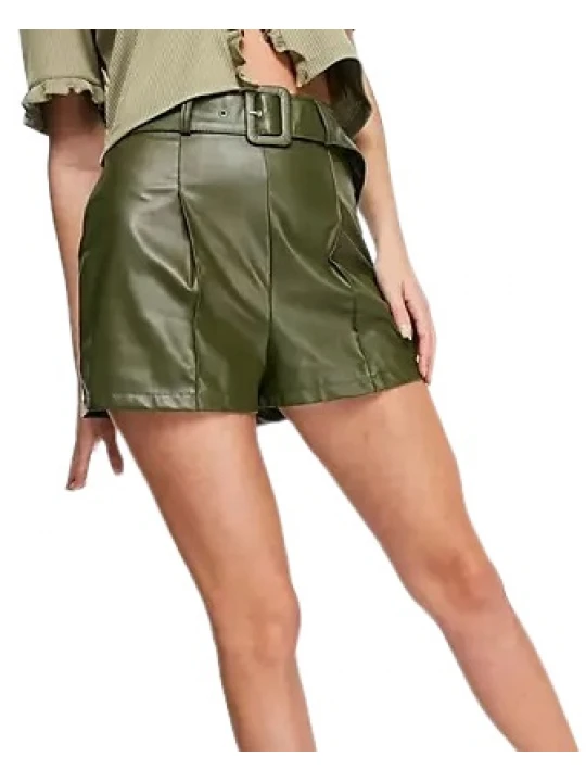 Green Leather Belted Shorts