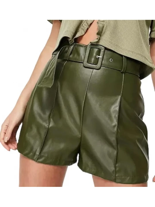 Green Leather Belted Shorts
