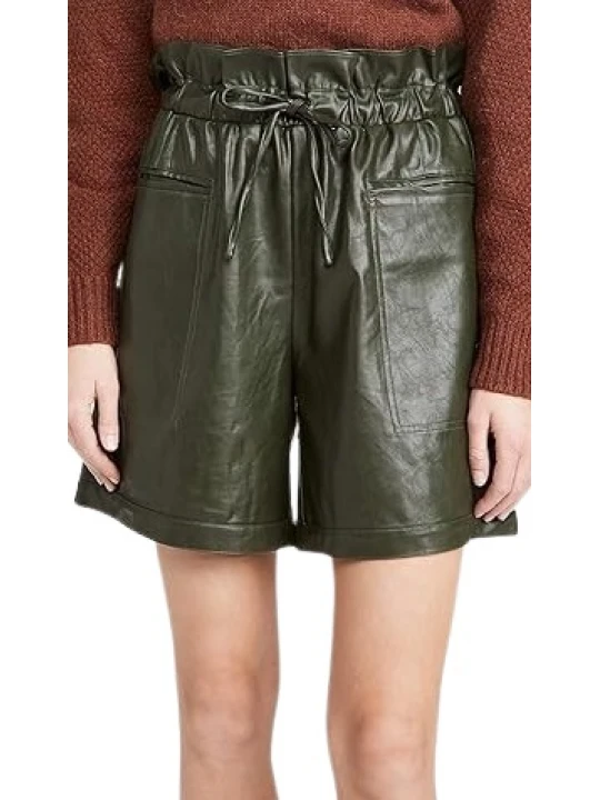 Green Leather Paperbag Waist Shorts