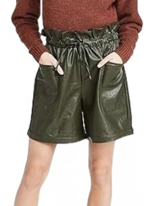 Green Leather Paperbag Waist Shorts