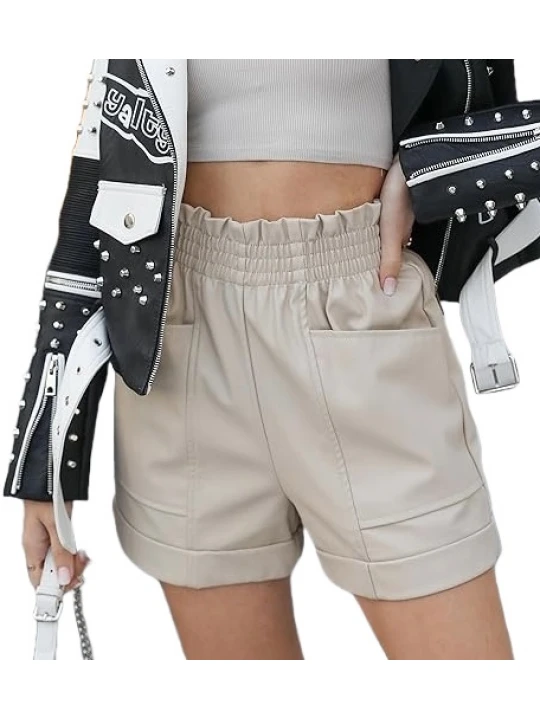 High Waist Beige Leather Shorts