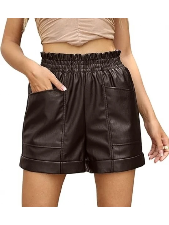 High Waist Dark Brown Leather Shorts