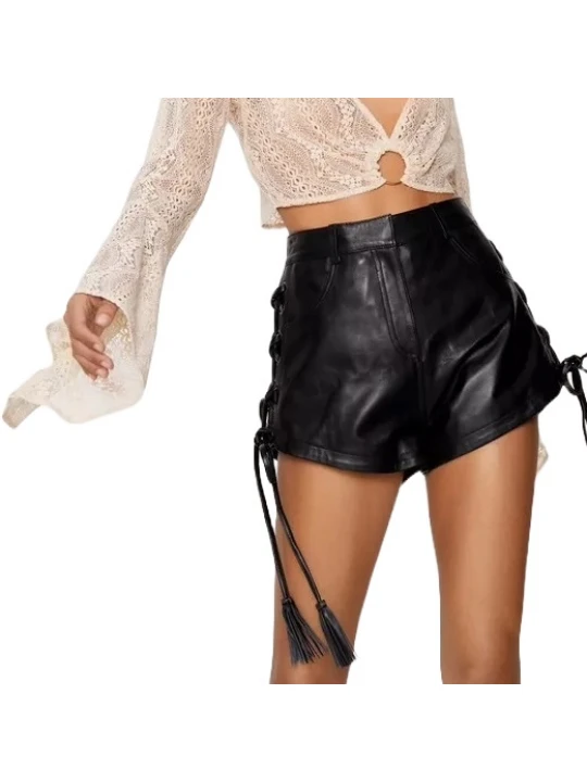 Lace Up Detailing Black Leather Shorts