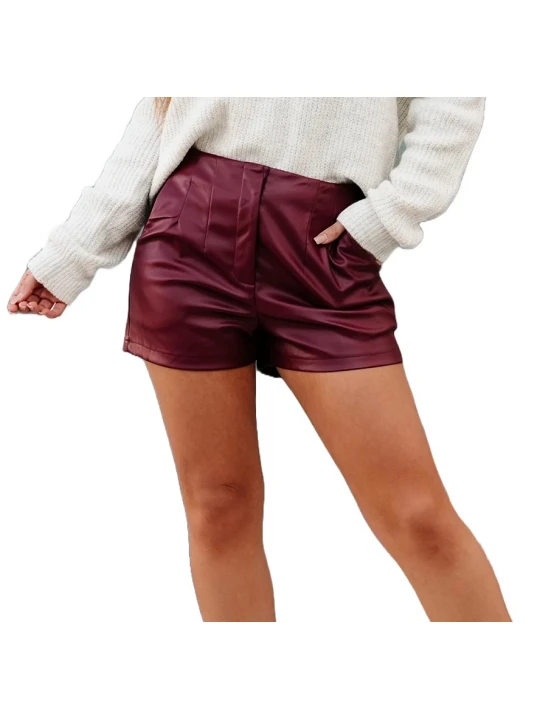 Leather Pleated Shorts In Burgundy