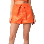 Orange Leather Short With Waist Tie