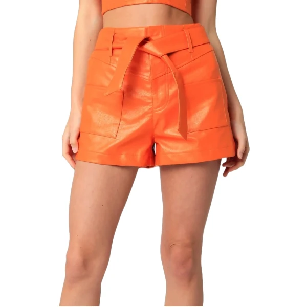 Orange Leather Short With Waist Tie