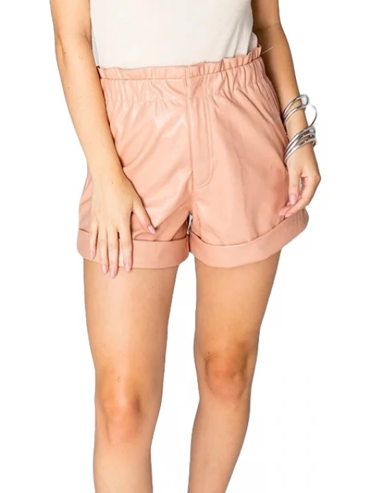 Paperbag Waist Leather Shorts Peach