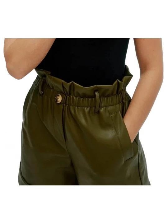 Paperbag Waist Olive Green Leather Shorts