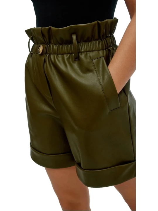 Paperbag Waist Olive Green Leather Shorts