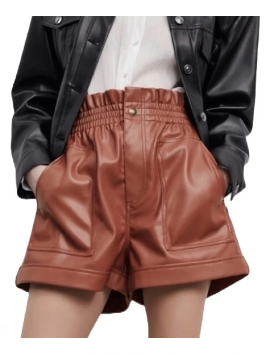 Patch Pockets Brown Leather Shorts