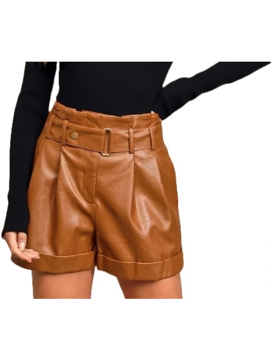 Pleated Brown Leather Paperbag Shorts