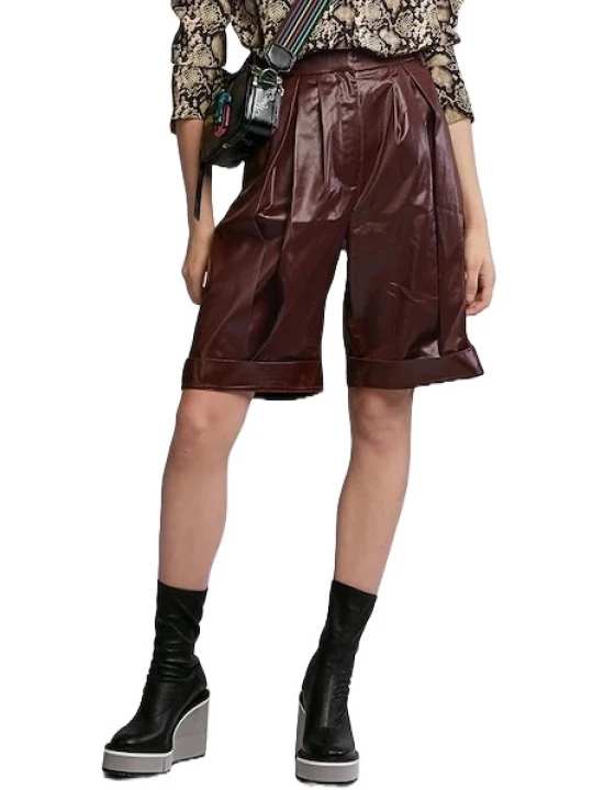Pleated Burgundy Leather Bermuda Shorts