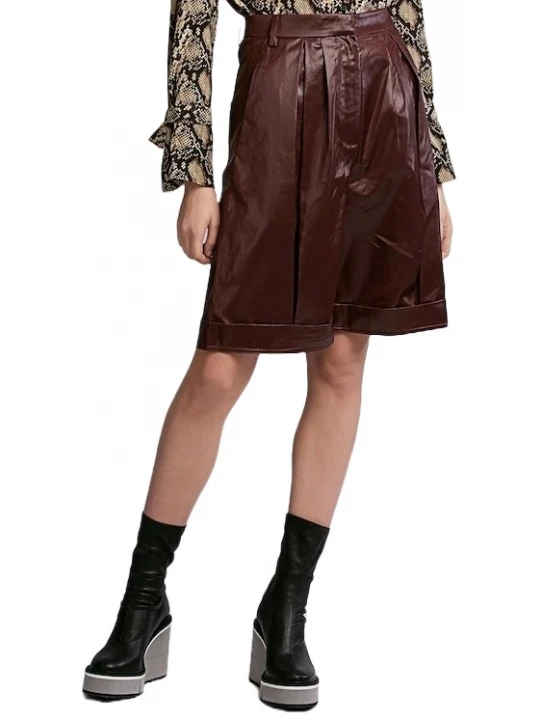 Pleated Burgundy Leather Bermuda Shorts