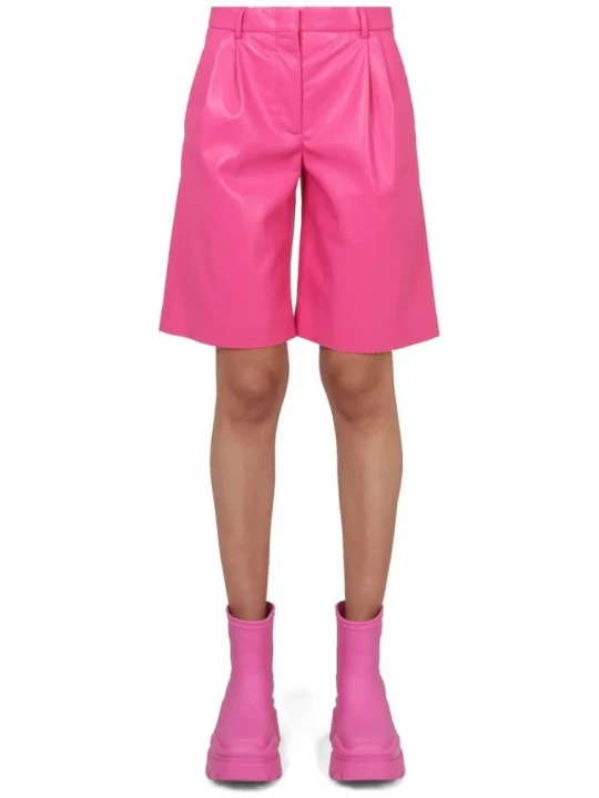 Pleated Pink Leather Bermuda Shorts