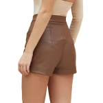 Snap Button Front Brown Leather Shorts