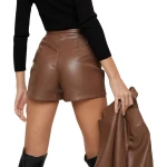 Snap Button Front Brown Leather Shorts