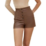 Snap Button Front Brown Leather Shorts