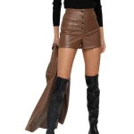 Snap Button Front Brown Leather Shorts