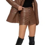 Snap Button Front Brown Leather Shorts